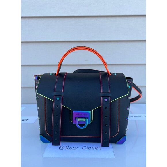 Michael Kors satchel manhattan medium leather contrast trim satchel black - Picture 6 of 11